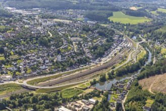 Aerial view, Finnentrop railway station with pedestrian bridge, Finnentrop, Sauerland, North