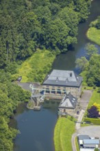 Aerial view, run-of-river power station Lenhausen, river Lenne and Obergraben, Frielentrop,