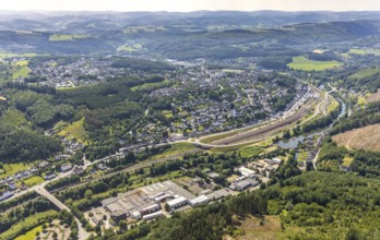 Aerial view, industrial area Am Lennedamm, railway station Finnentrop, Finnentrop, Sauerland, North