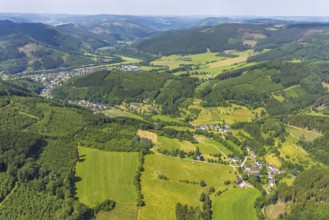 Aerial view, hilly landscape and forest area around Rönkhausen, Finnentrop, Sauerland, North