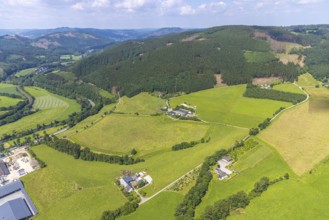 Aerial view, forest area with forest damage at Ruthenberg, farms in Pasel district, Plettenberg,