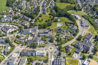 Aerial view, town hall Finnentrop Am Markt, Finto swimming pool, Bigge-Lenne comprehensive school,