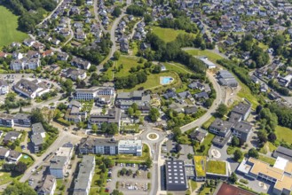 Aerial view, town hall Finnentrop Am Markt, Finto swimming pool, Bigge-Lenne comprehensive school,