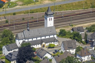 Aerial view, Catholic parish church St. Johannes Nepomuk, Finnentrop, Sauerland, North
