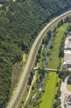Aerial view, Westfalenstraße and railway tracks with river Lenne, Frielentrop, Finnentrop,
