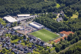 Aerial view, sports field Bamenohl, local supply centre, Schloss Haus Bamenohl, Finnentrop,