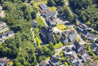 Aerial view, catholic church St. Josef and primary school, Bamenohl, Finnentrop, Sauerland, North