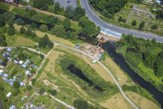Aerial view, Lennewiesen with Bikepark Finnentrop and construction site at the river Lenne,