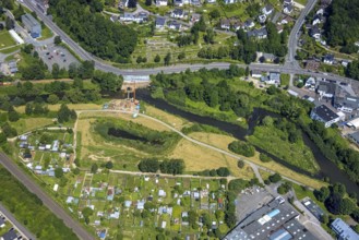 Aerial view, Lennewiesen with Bikepark Finnentrop and construction site at the river Lenne,