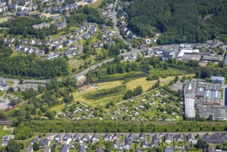 Aerial view, Lennewiesen with Bikepark Finnentrop and construction site at the river Lenne,