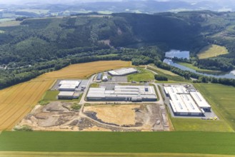 Aerial view, commercial area and building site Eibachstraße at Ahauser Stausee, Heggen, Finnentrop,