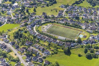 Aerial view, local view and sports field Heggen, Finnentrop, Sauerland, North Rhine-Westphalia,