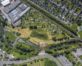 Aerial view, Lennewiesen with Bikepark Finnentrop and construction site at the river Lenne,
