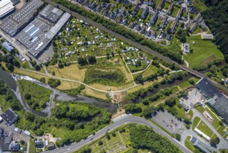 Aerial view, Lennewiesen with Bikepark Finnentrop and construction site at the river Lenne,