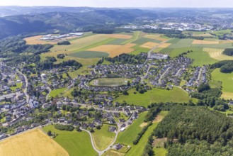 Aerial view, local view and sports field Heggen, Finnentrop, Sauerland, North Rhine-Westphalia,