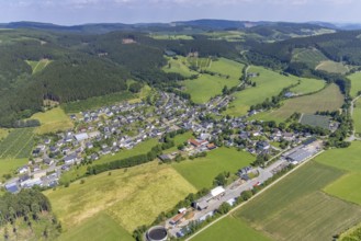 Aerial view, sawmill and village view Serkenrode, Finnentrop, Sauerland, North Rhine-Westphalia,