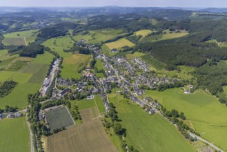 Aerial view, sawmill and village view Serkenrode, Finnentrop, Sauerland, North Rhine-Westphalia,