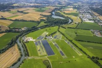 Aerial view, a week ago there was still land under water at this point - the Ruhr was flooding,