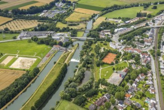 Aerial view, a week ago there was still land under water at this point - the Ruhr was flooding,