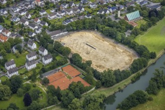 Aerial view, a week ago there was still land under water at this point - the Ruhr was flooding,