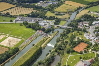 Aerial view, a week ago there was still land under water at this point - the Ruhr was flooding,