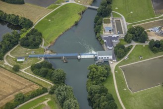 Aerial view, a week ago there was land under water at this point - the Ruhr was flooding, course of