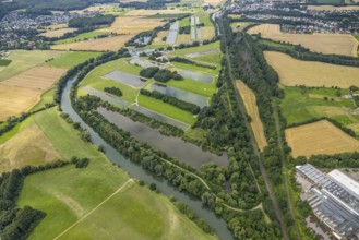 Aerial view, a week ago there was land under water at this point - the Ruhr was flooding, course of