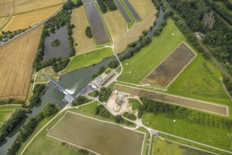Aerial view, a week ago there was still land under water at this point - the Ruhr was flooding,