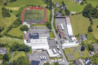 Aerial view, Fretter sports ground and Giebelscheidstraße industrial estate, Fretter, Finnentrop,