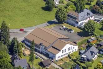 Aerial view, Schützenhalle Fretter, Finnentrop, Sauerland, North Rhine-Westphalia, Germany, DE,
