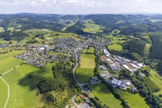 Aerial view, industrial estate Kalkwerkstraße and view of Fretter, Finnentrop, Sauerland, North