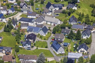 Aerial view, half-timbered houses with solar roof in the centre of Ostentrop, Finnentrop,