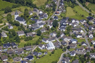 Aerial view, view of Schönholthausen, Kath. Pfarrkirche Mariä Himmelfahrt, Finnentrop, Sauerland,