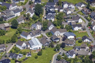 Aerial view, town centre with half-timbered houses in Schönholthausen, Finnentrop, Sauerland, North