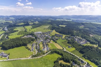 Aerial view, hilly landscape and view of Weringhausen, Finnentrop, Sauerland, North