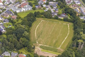 Aerial view, open space with municip. Kindergarten Villa Kunterbunt in the district Ardey,