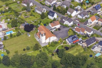 Aerial view, local view district Langschede and catholic St. Konrad church in Fröndenberg/Ruhr,