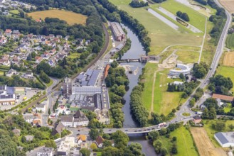 Aerial view, Wasserwerke Westfalen GmbH and Langschede run-of-river power station on the Ruhr