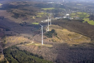 Forest damage and wind turbines Büschergrund, Freudenberg, Sauerland, North Rhine-Westphalia,