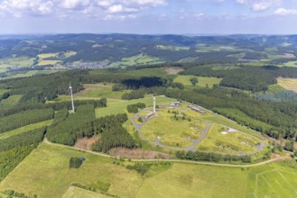 Aerial photo, Buchhagen mountain and wind turbine, former Nike fire control centre, now training
