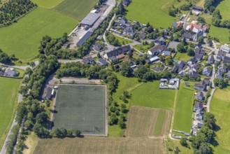 Aerial view, sports field in Serkenrode, Finnentrop, Sauerland, North Rhine-Westphalia, Germany,