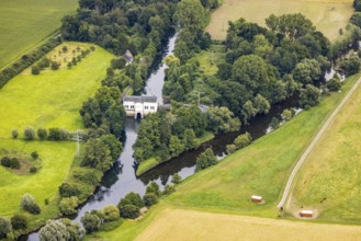 Aerial view, Obergraben with run-of-river power station Wickede and river Ruhr in the district