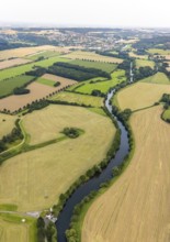 Aerial view, meadows and fields with river Ruhr meander in Warmen and with view to the run-of-river
