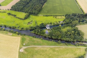 Aerial view, Obergraben with run-of-river power station Wickede and river Ruhr in the district