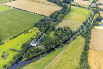 Aerial view, Obergraben with run-of-river power station Wickede and river Ruhr in the district