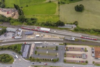 Aerial view, Fröndenberg station, Fröndenberg/Ruhr, Ruhr area, North Rhine-Westphalia, Germany,