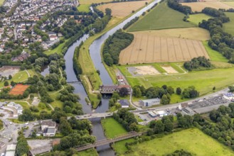Aerial view, Möllerkraftwerk Schwitten am Obergraben und Fluss Ruhr, Schwitten, Menden, Ruhr Area,