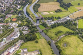 Aerial view, Möllerkraftwerk Schwitten am Obergraben und Fluss Ruhr, Schwitten, Menden, Ruhr Area,