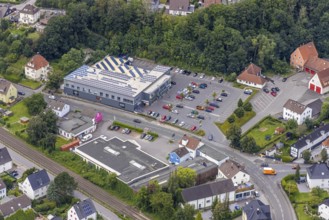 Aerial view, planned new construction of the Fröndenberg rescue station and Edeka Isselmarkt