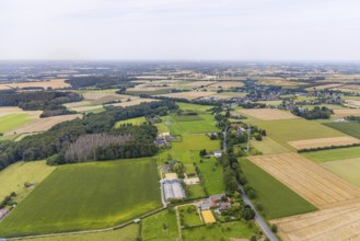 Aerial view, meadows and fields at Ostbürener Straße with view of Ostbüren, Frömern,